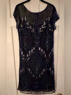 Deep Luscious Navy Beaded Short Sleeve Dress - Elegant Evening Wear